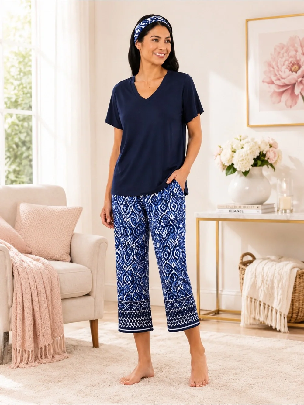 Cuddl Duds 3-Piece Capri Pajama Set Blue Geometric Headband Sleepwear NWT S